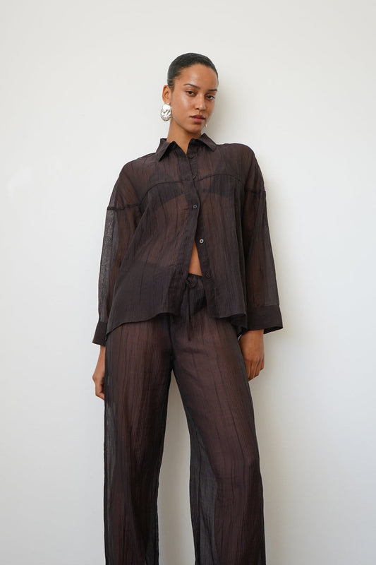 Woman wearing a sheer brown button up