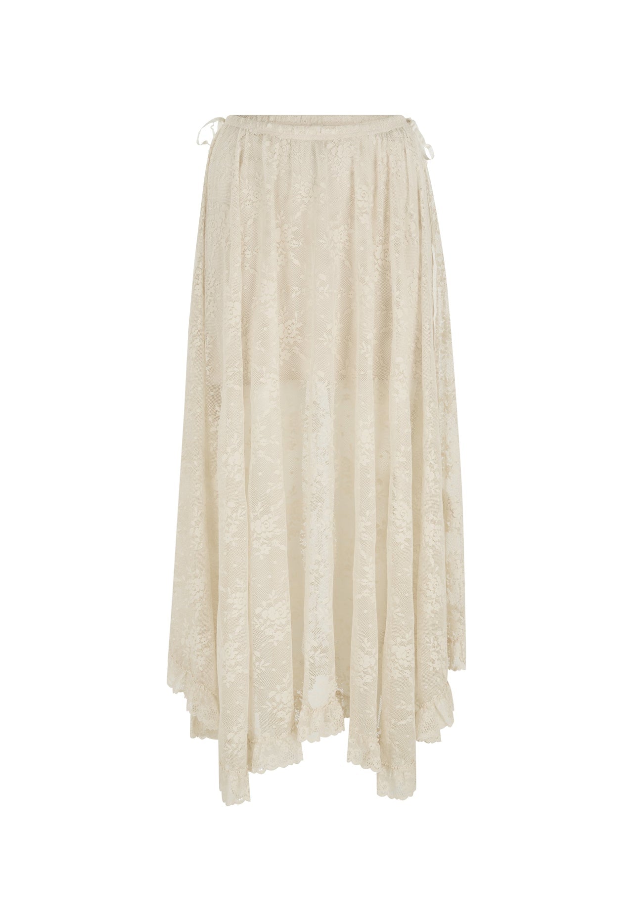 Cloud cream lace maxi skirt with a flowy, asymmetrical hem and subtle floral pattern; suitable for casual or special occasions.