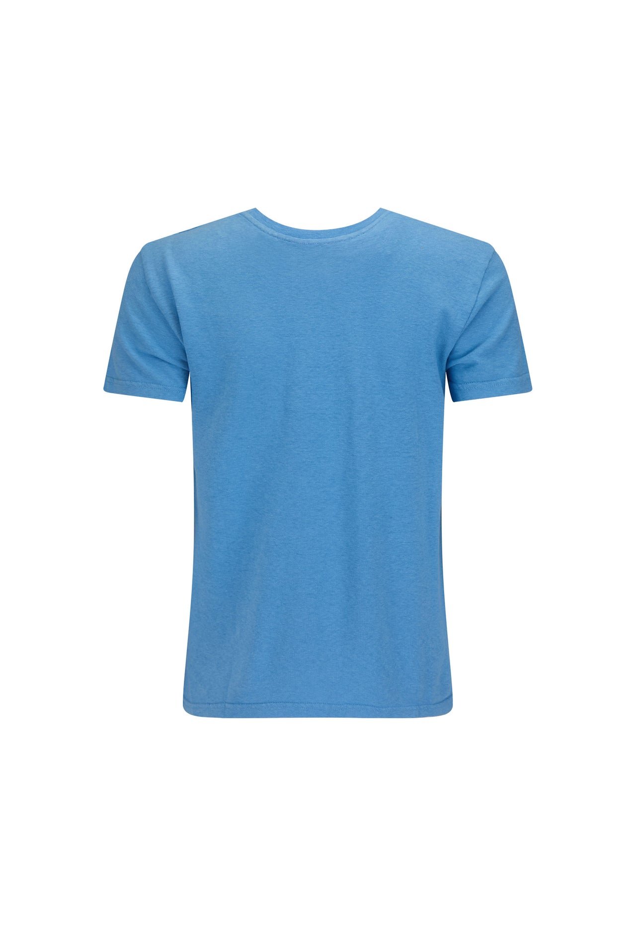 Blue hemp-cotton tee, back view, displayed against a white background.