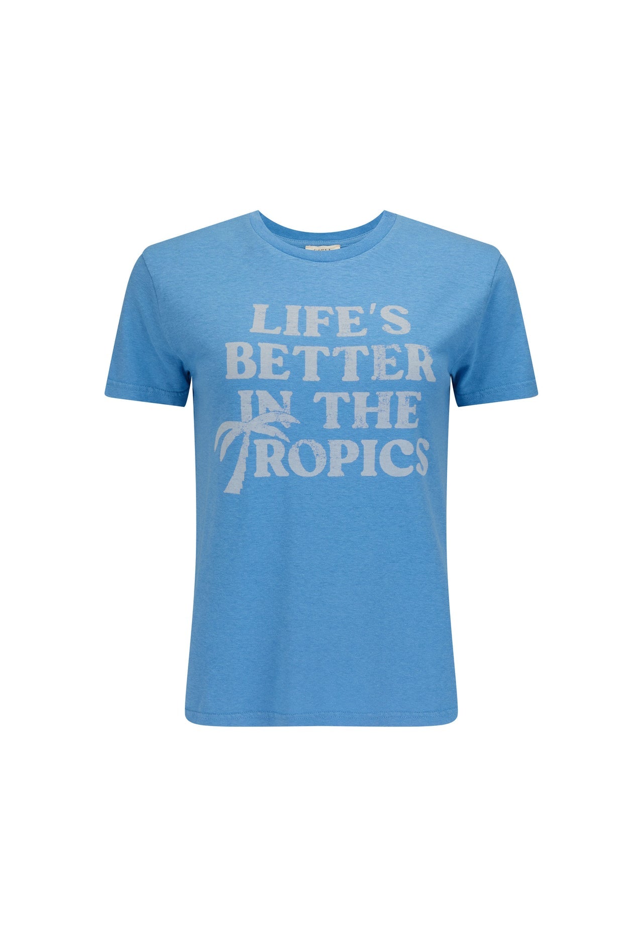 Blue short-sleeve cotton tee with white vintage-style text, ideal for casual everyday wear.
