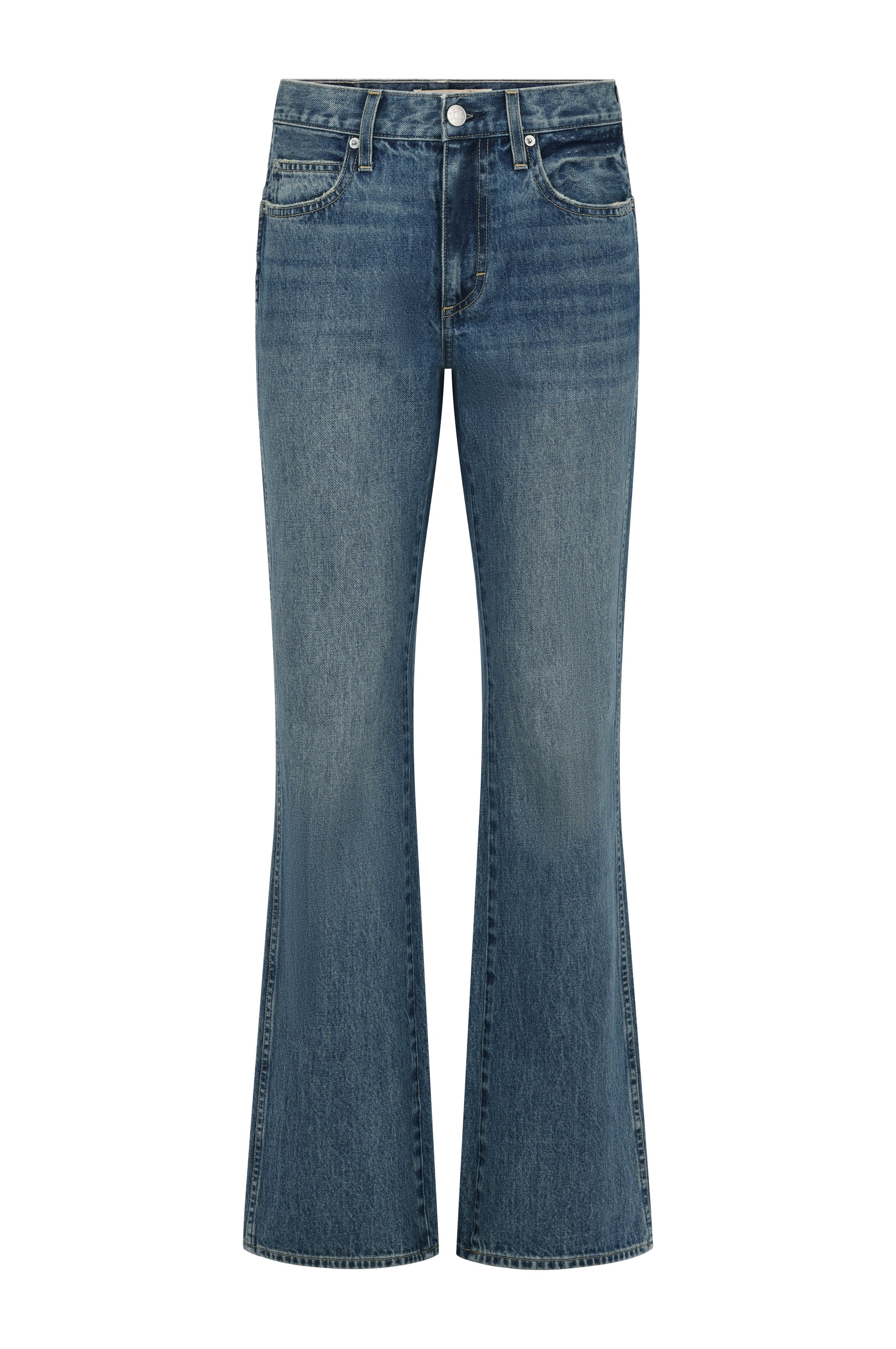 Blue high-waist flared jeans with front pockets, 90s fit, denim material, displayed on a white background.