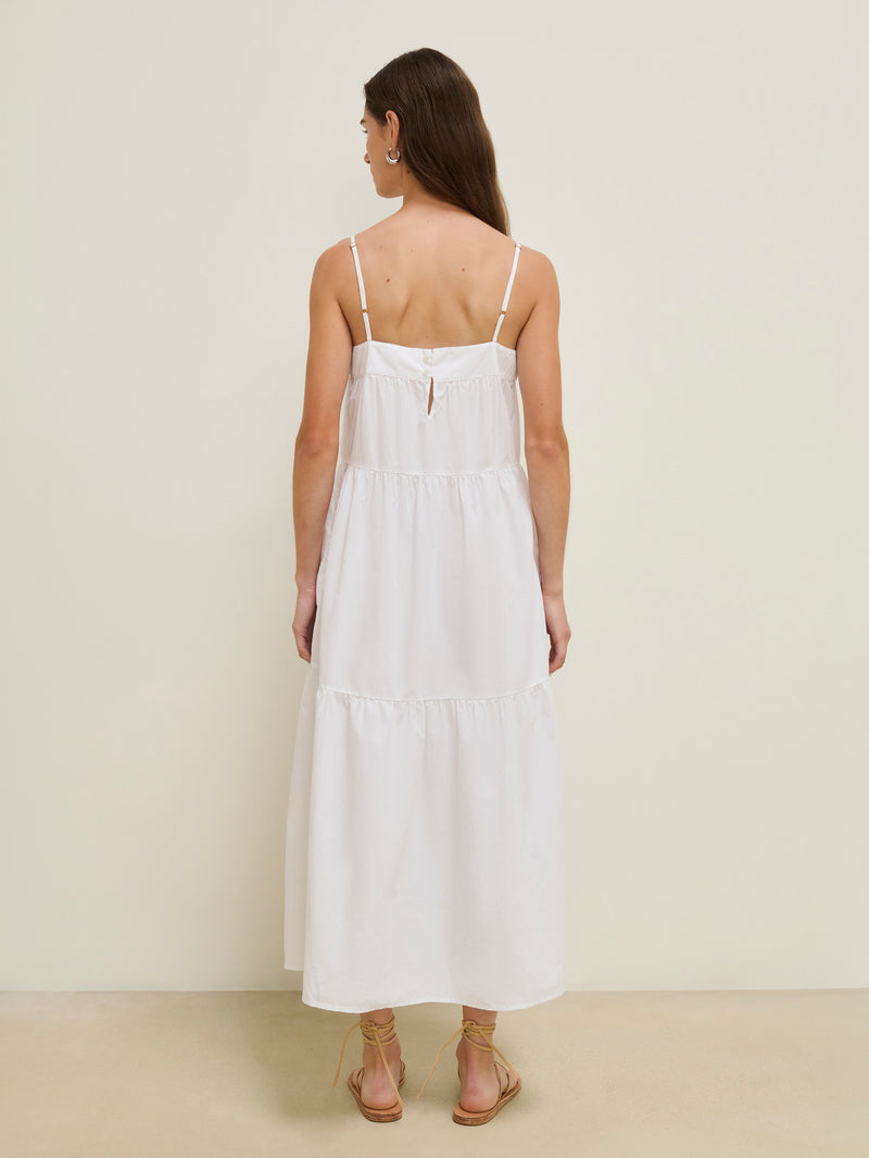 Back view of a woman in a white cotton midi dress, standing against a neutral background. Suitable for casual or semi-formal use.