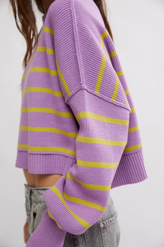 Easy Street Stripe Crop Pullover - Iris Orchid Combo