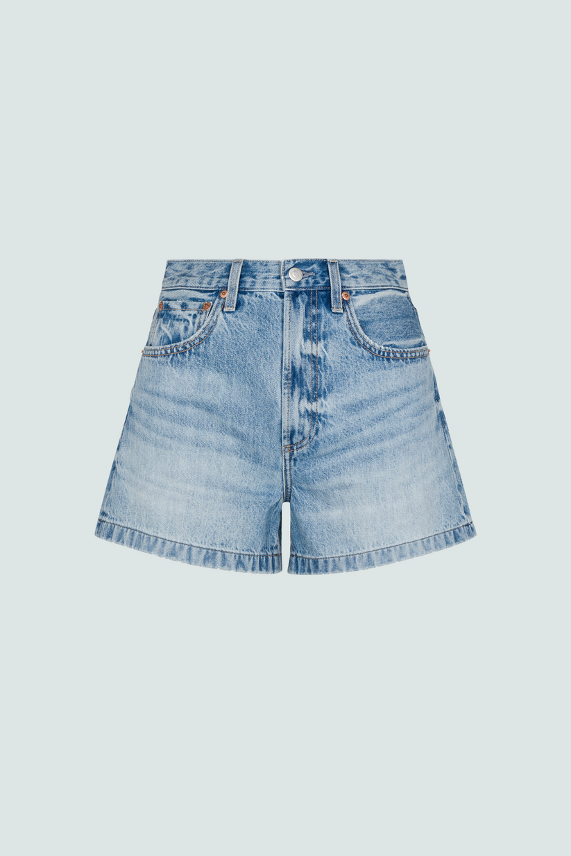 Light blue denim high-rise shorts with front pockets, belt loops, and button fly.