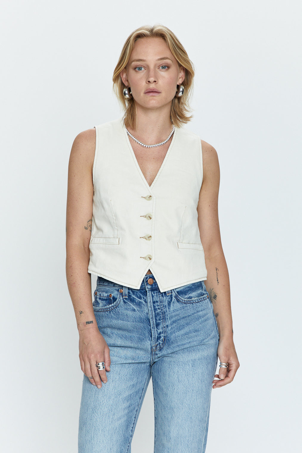 Vero Fitted Denim Vest - Ecru