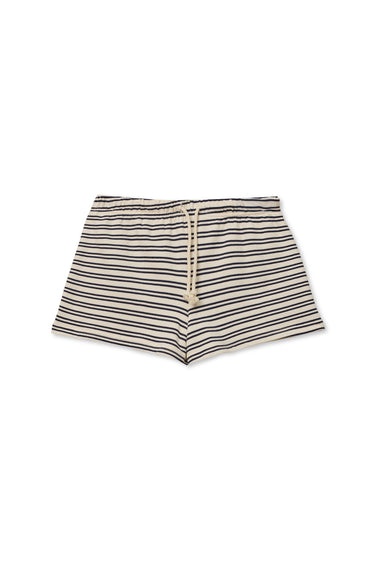 Navy and white striped shorts with an elastic waistband, made from soft knit cotton for casual wear.