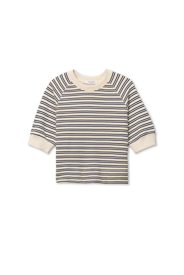 Navy and white striped tee with bubble sleeves, cotton material, laid flat on a white background.