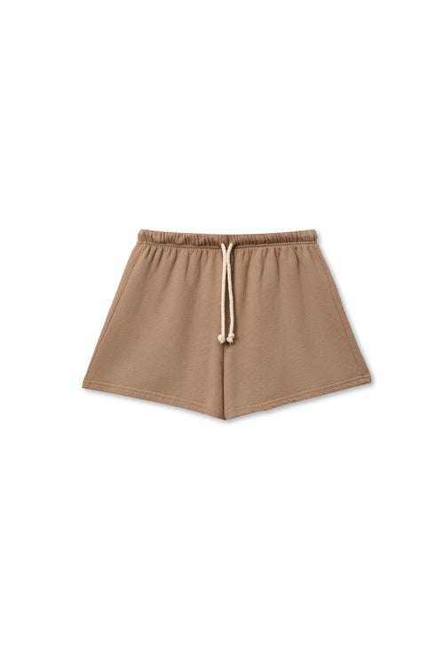 Mocha cotton shorts with elastic waistband and drawstring, displayed flat on a white background.