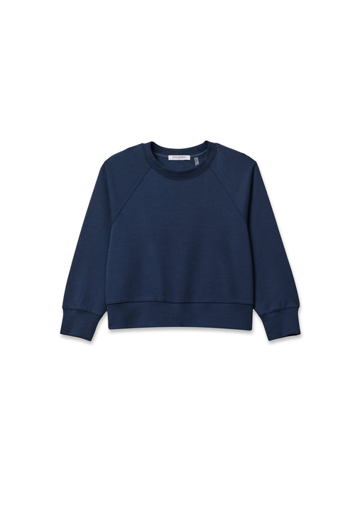 Lightweight navy crewneck sweatshirt with long sleeves, shown flat on a white background. Ideal for casual wear.