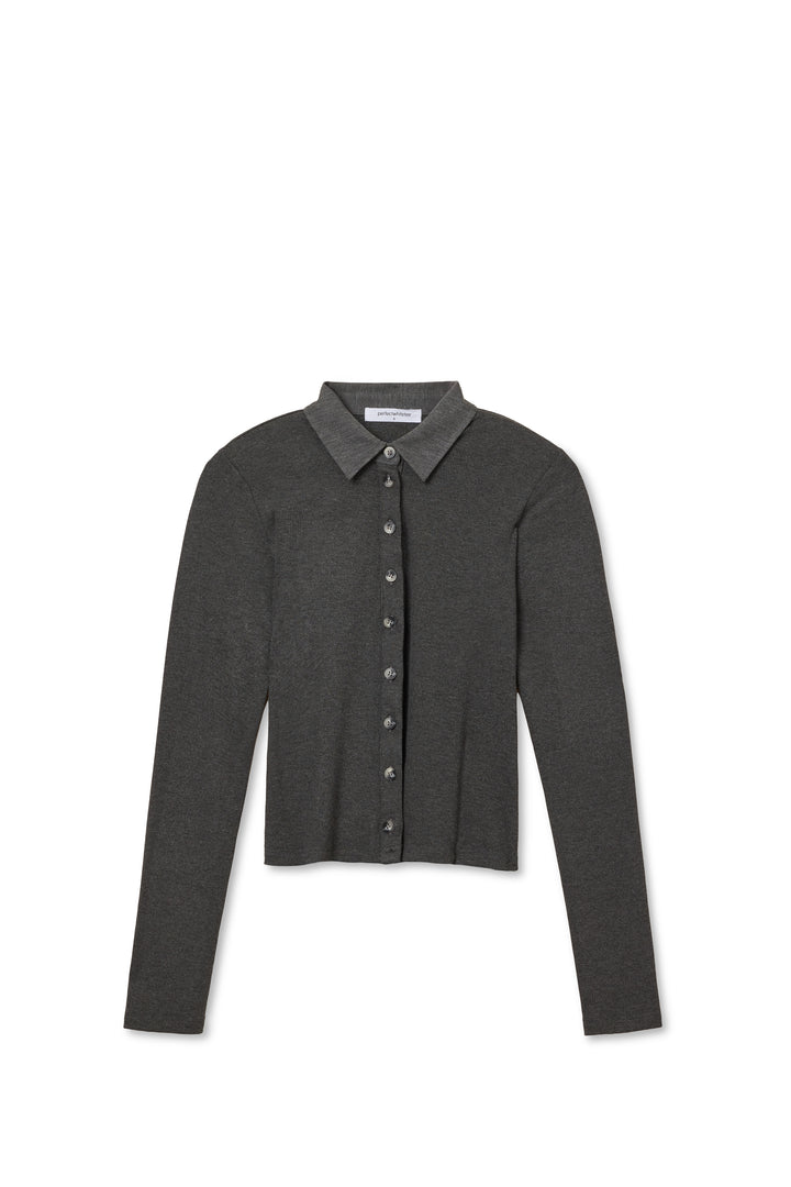Charcoal cropped button-up shirt with pointed collar, cotton material, laid flat on white background.