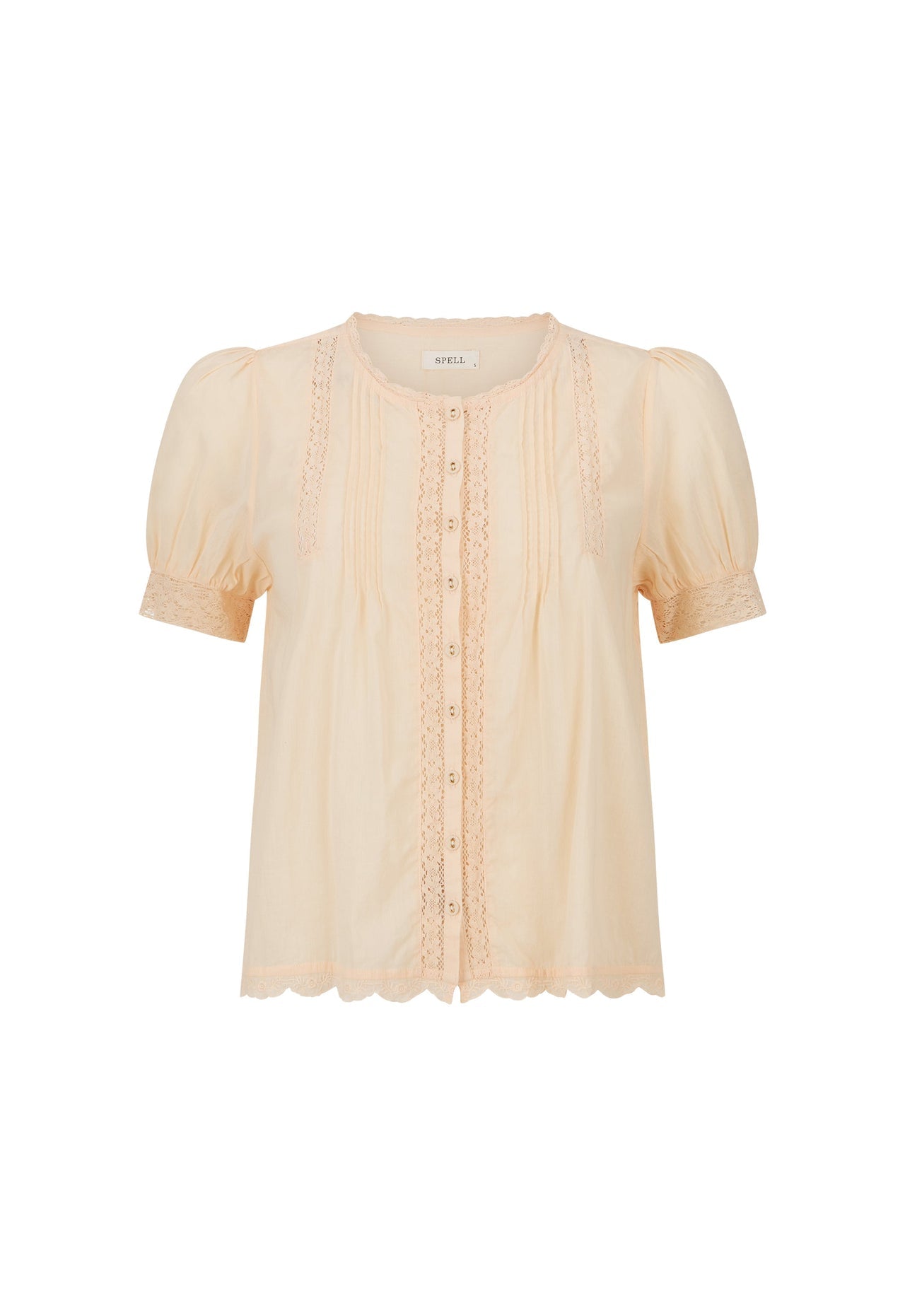 Alight beige short-sleeve blouse with lace trim and button details