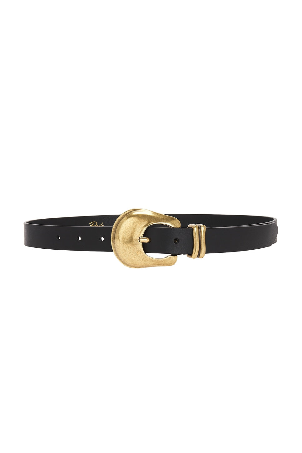 Black gold leather belt with a large, rounded gold buckle, displayed on a white background.