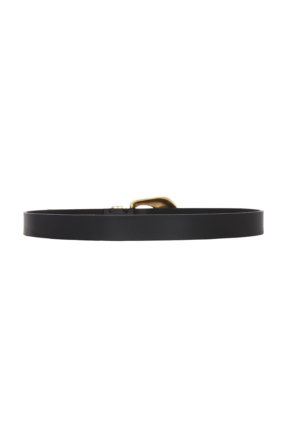 Black leather belt with gold buckle, displayed flat on a white background.