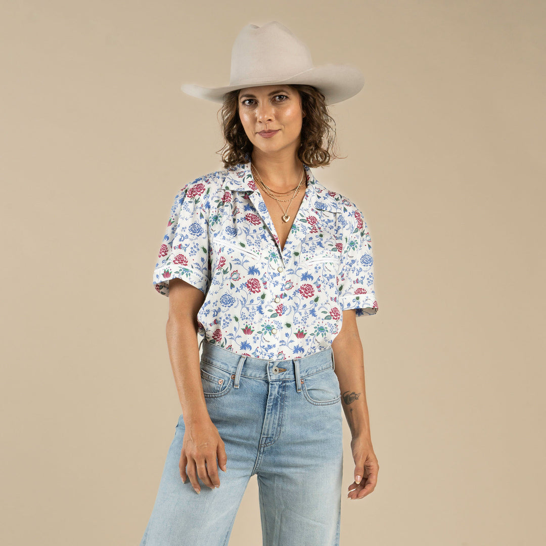 Woman wearing a floral shirt