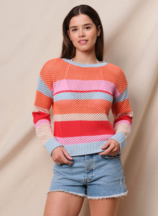 Mesh Stripe Pullover Sweater - Blaze Orange