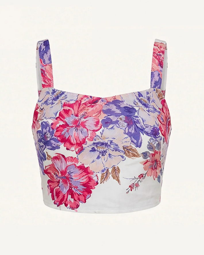 Handmade cropped top with wide straps, featuring a camellia floral print. Suitable for casual wear.
