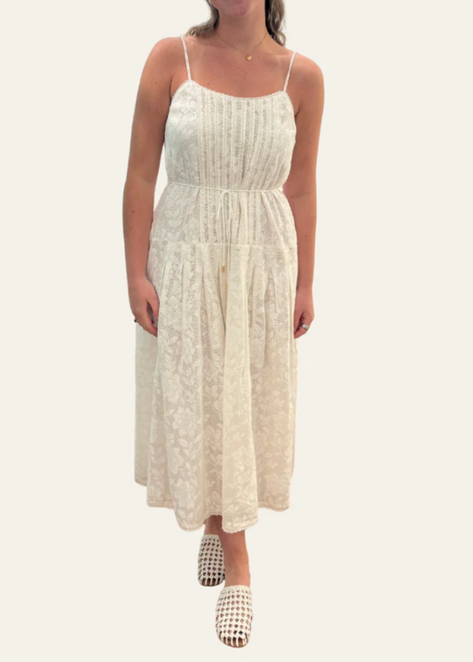 White sleeveless midi dress with thin straps, worn with woven sandals; suitable for warm weather and casual outings.