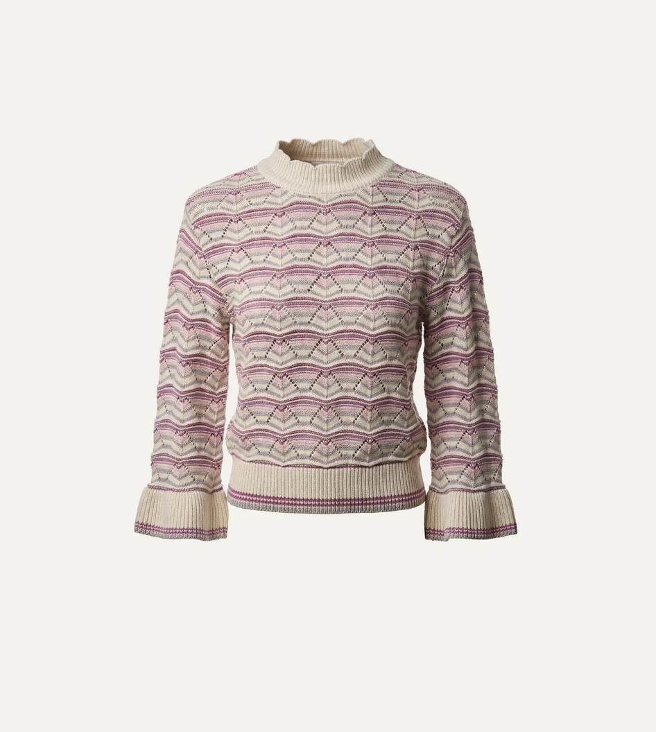 Ivory multi sweater with cream knit, pink, purple, and beige zigzags, ruffle cuffs, and ribbed mock neck.