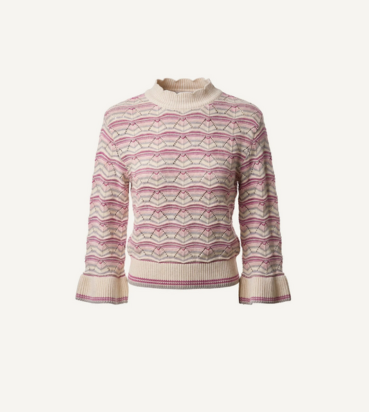 Ivory multi sweater with cream knit, pink, purple, and beige zigzags, ruffle cuffs, and ribbed mock neck.