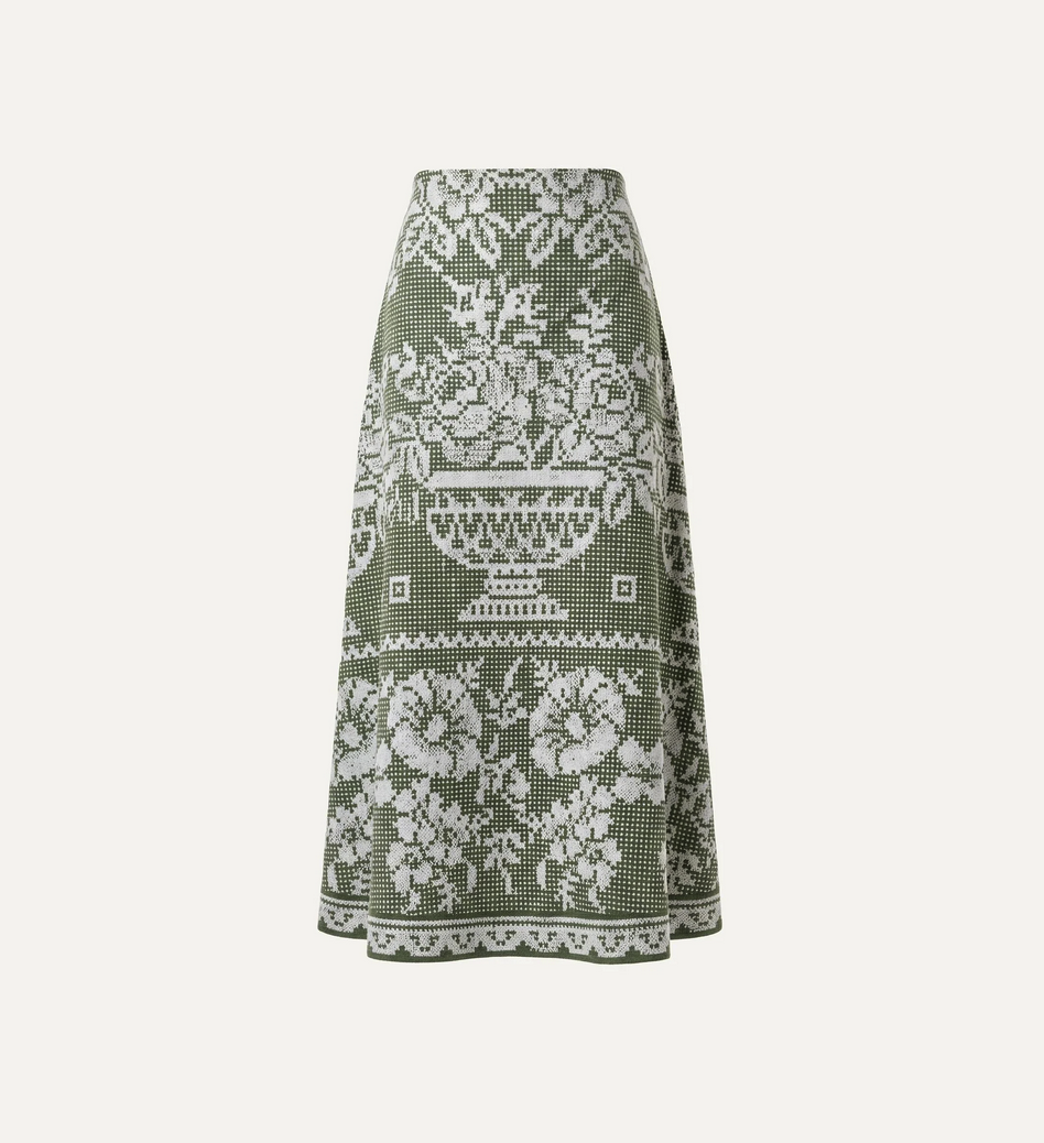 Green ankle skirt with white floral print, ethically handmade in India from lightweight fabric. Suitable for casual wear.