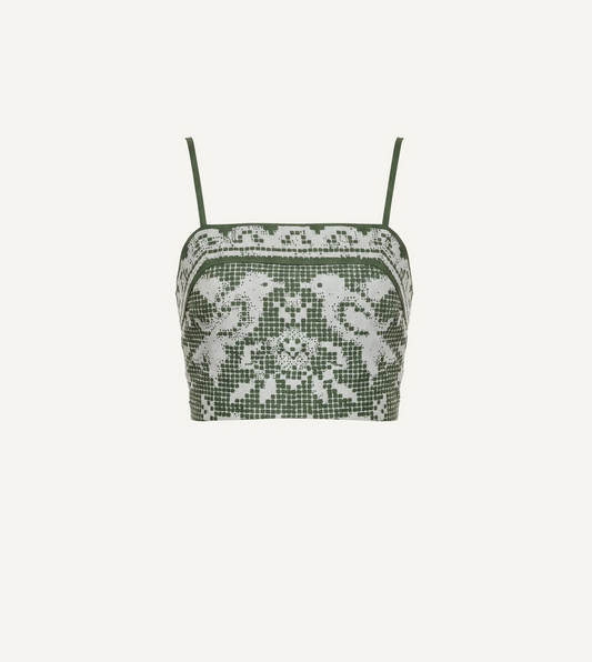 Green and white crochet top with bird and floral patterns, handmade in India, suitable for casual or warm-weather wear.