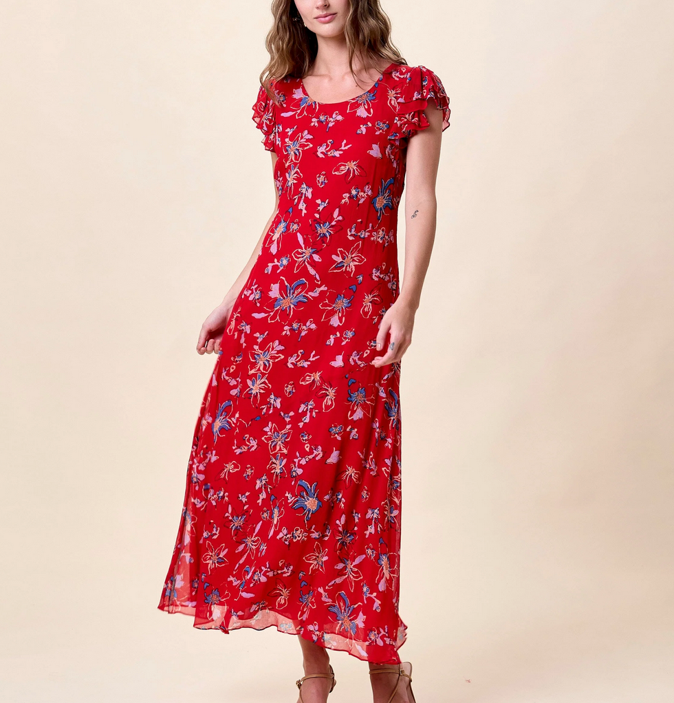 Red floral dress worn by a model 