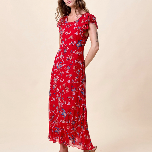 Red floral dress worn by a model 