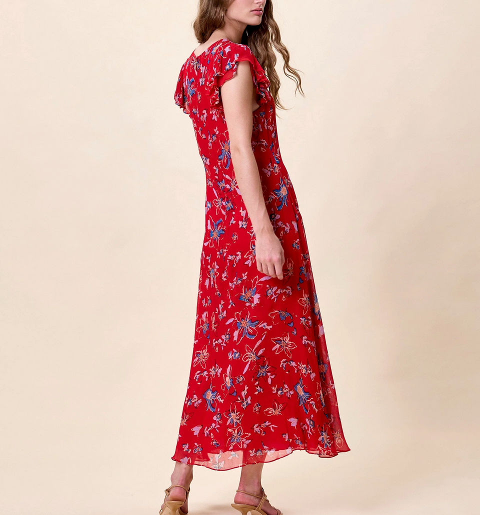 Red floral dress worn by a model 