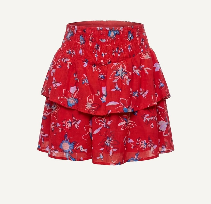 Red floral mini skirt with layered ruffles and an elastic waist, suitable for casual summer wear.
