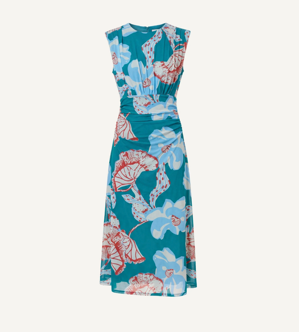 Midi dress in red and blue floral print with a fitted waist; knee-length, lightweight fabric suitable for casual wear.
