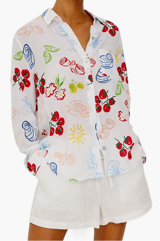 White blouse with colorful fruit and vegetable patterns 