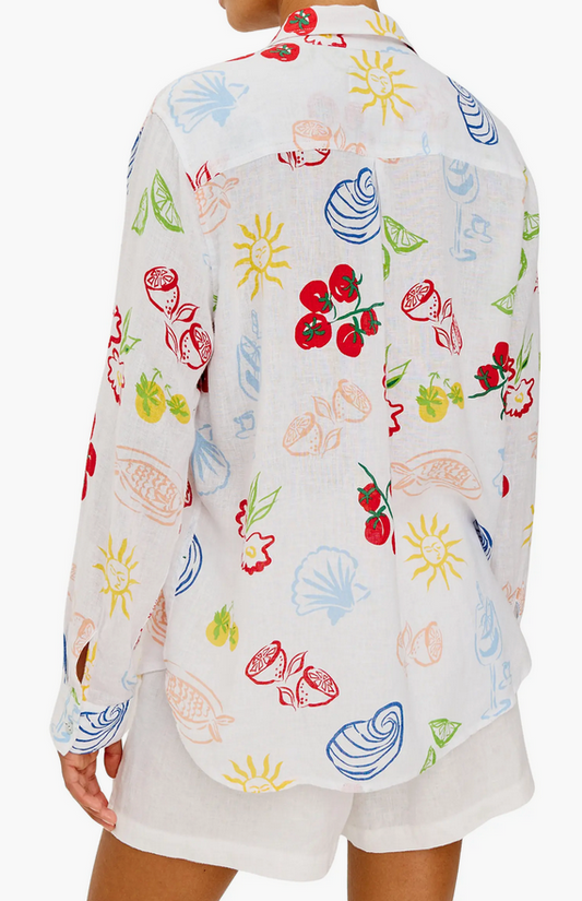 White blouse with colorful fruit and vegetable patterns 