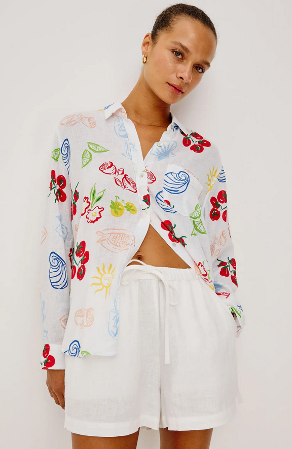 White blouse with colorful fruit and vegetable patterns