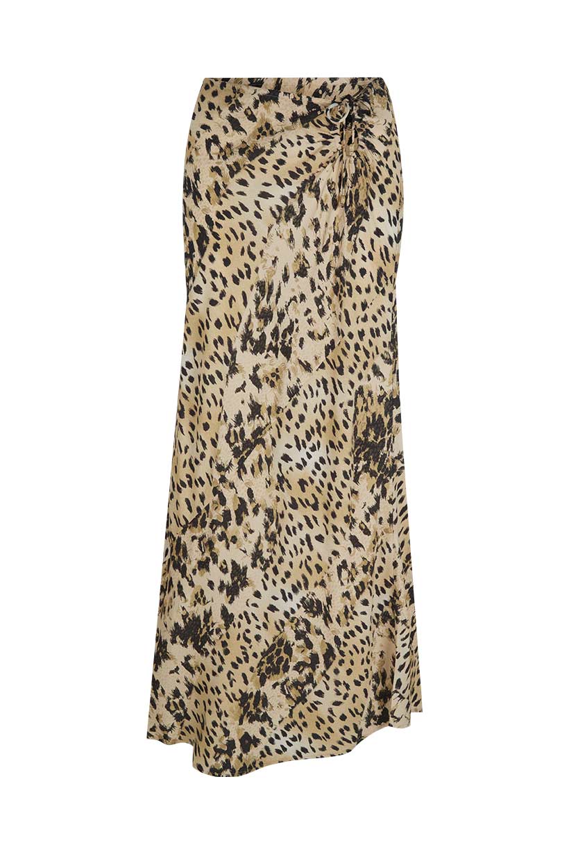 Tan and black satin bias maxi skirt with animal print and ruched detail; suitable for casual or dressy occasions.