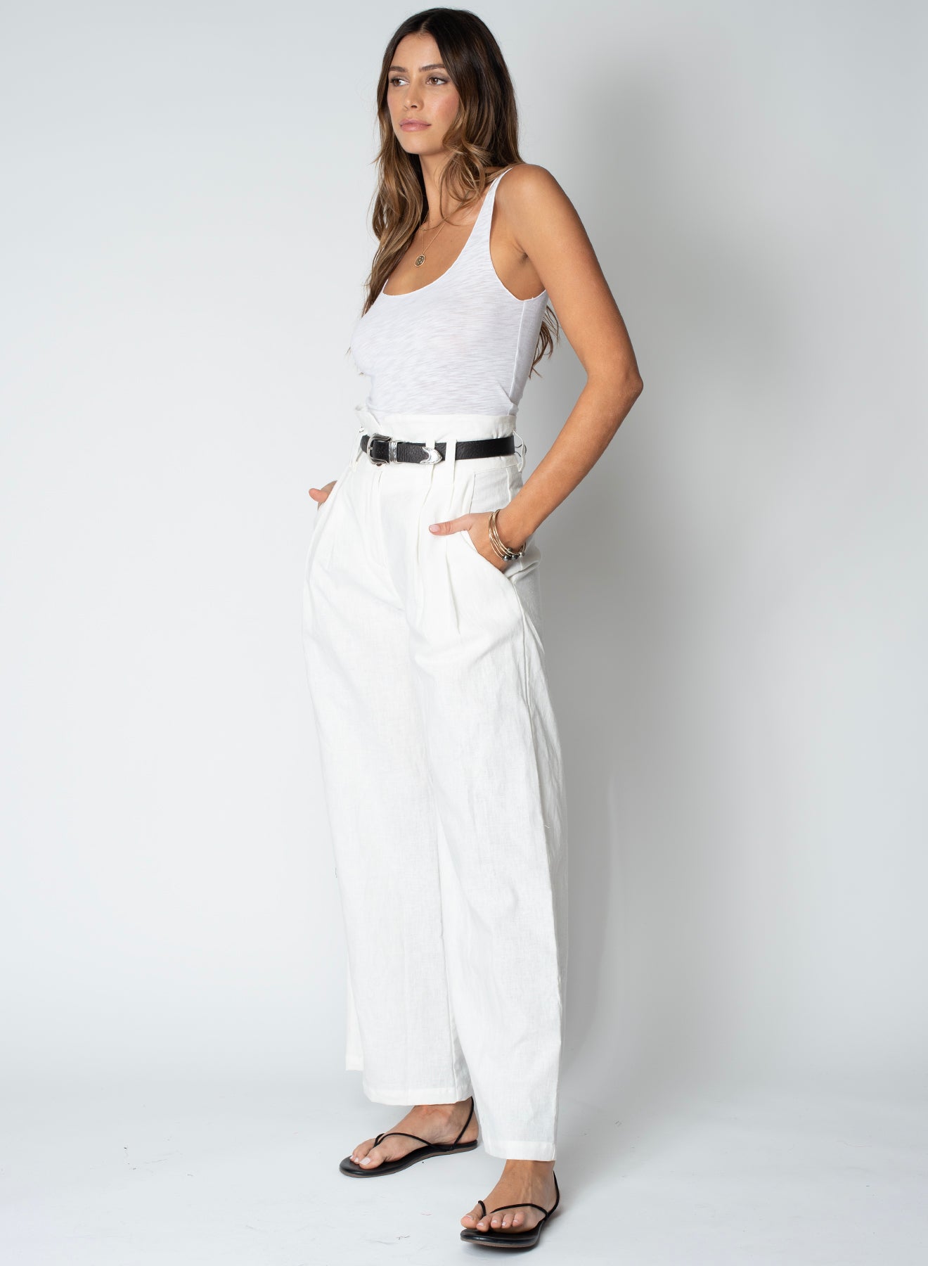 Linen Knotch Waist Pant - White