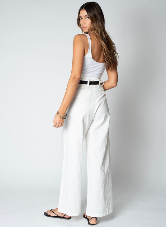 Linen Knotch Waist Pant - White