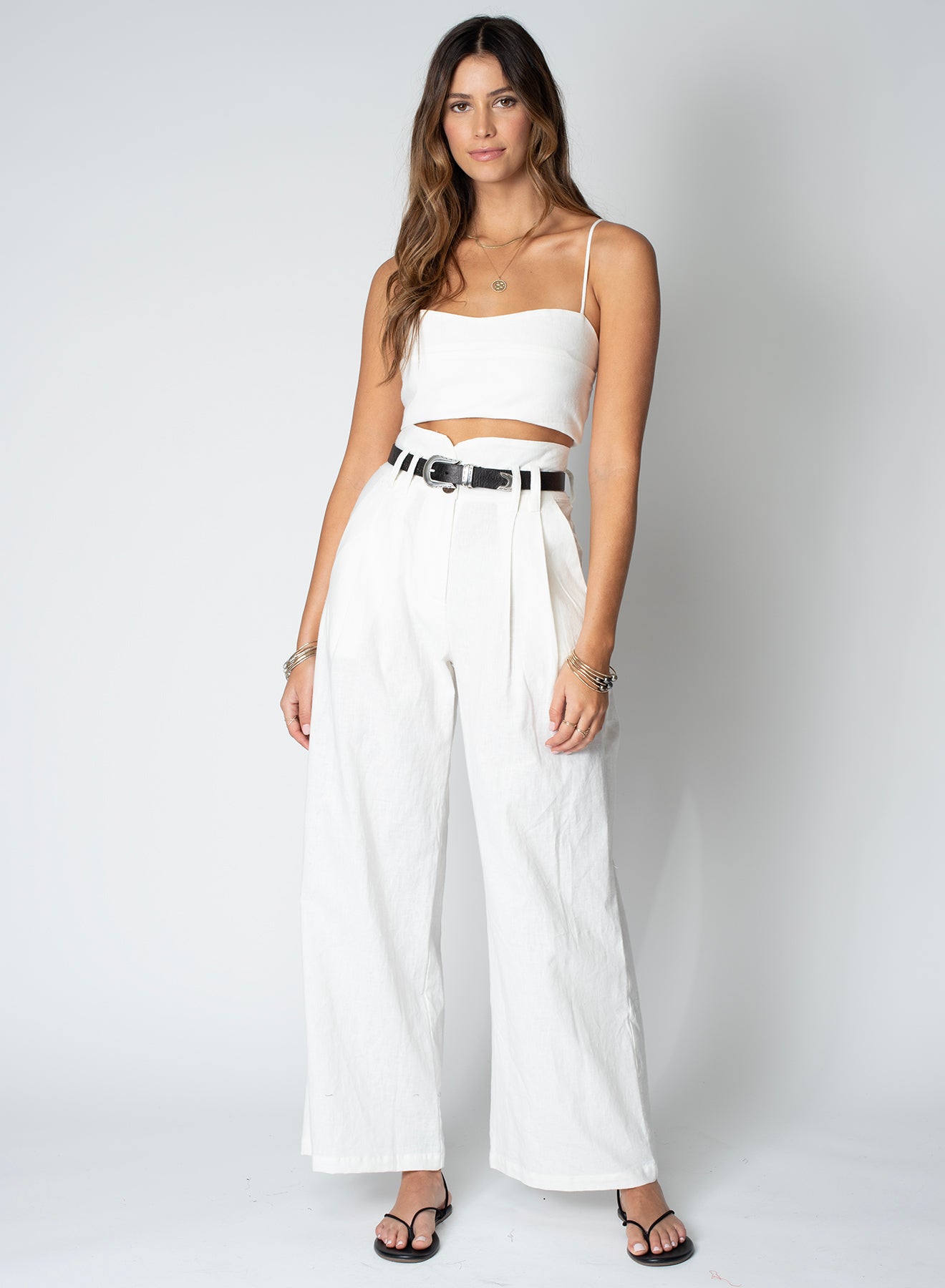 Linen Knotch Waist Pant - White