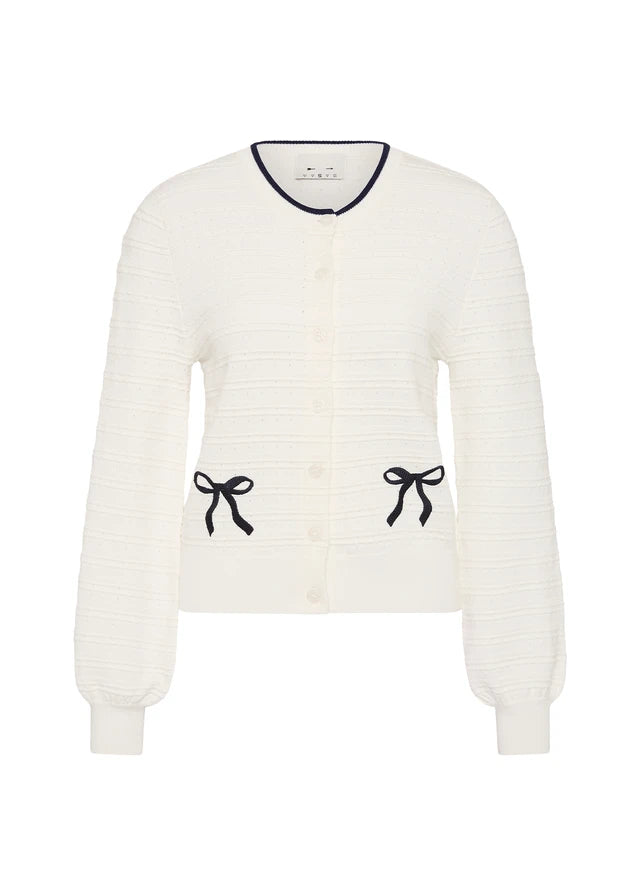 White cardigan with black ribbons deail