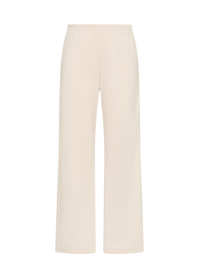 Cream wide-leg pants with high rise, elastic waistband, and smooth fabric shown from the front against a white background.