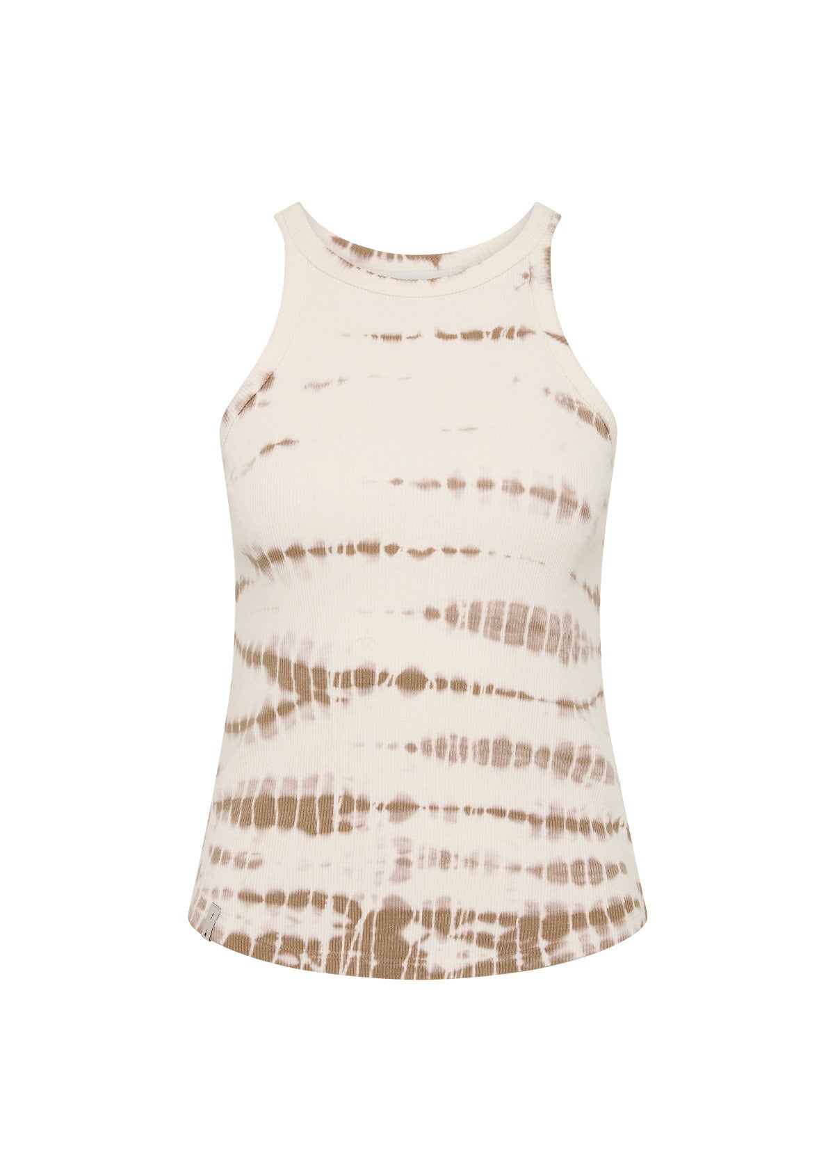 Sleeveless high-neck tank top in beige and brown tie-dye, made from soft organic cotton rib for casual wear.