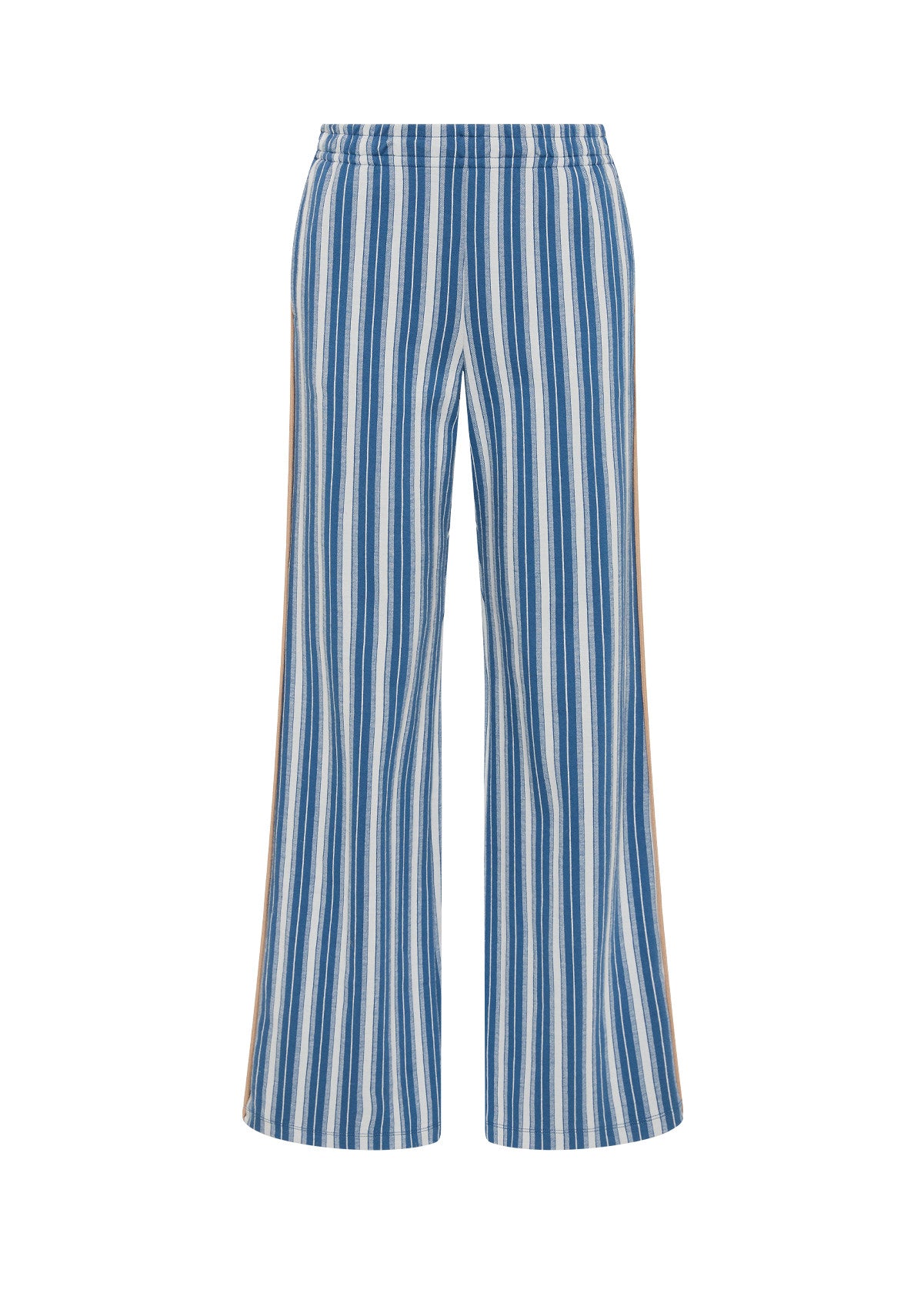 Wide-leg denim jacquard stripe pants with elastic waist, displayed against a white background.