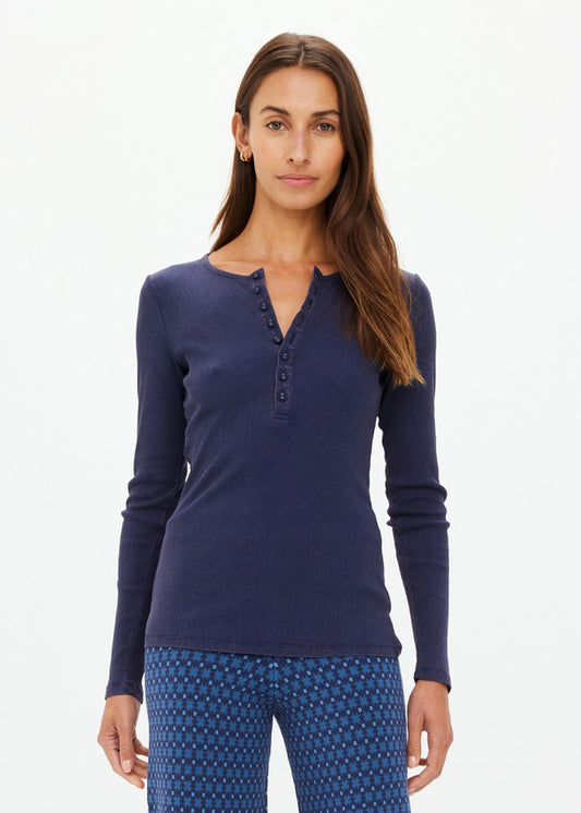 Ness Ribbed Long Sleeve Top - Washed Denim