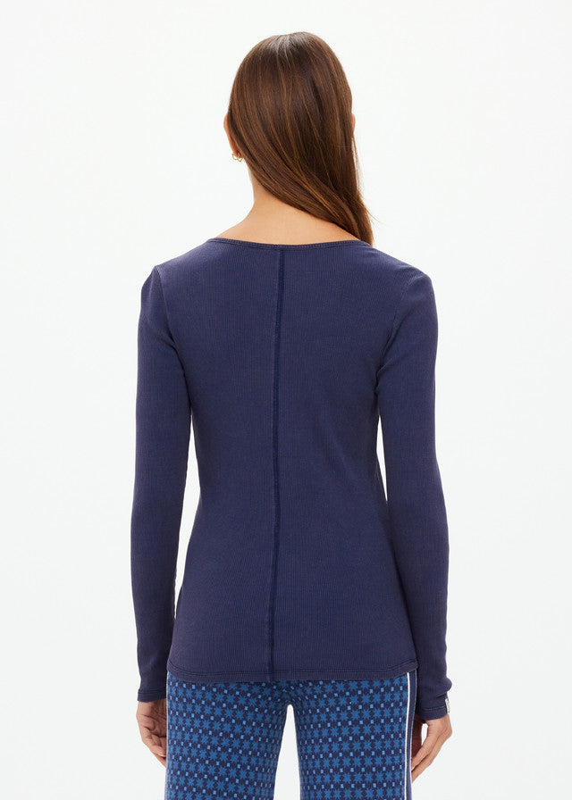 Ness Ribbed Long Sleeve Top - Washed Denim