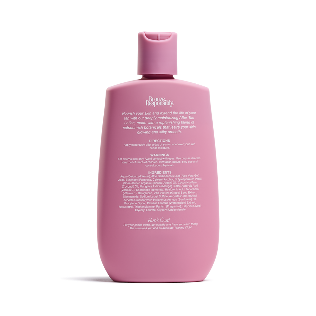 Pink plastic After Tan Body Lotion bottle displaying usage directions, warnings, and ingredients on the back label.