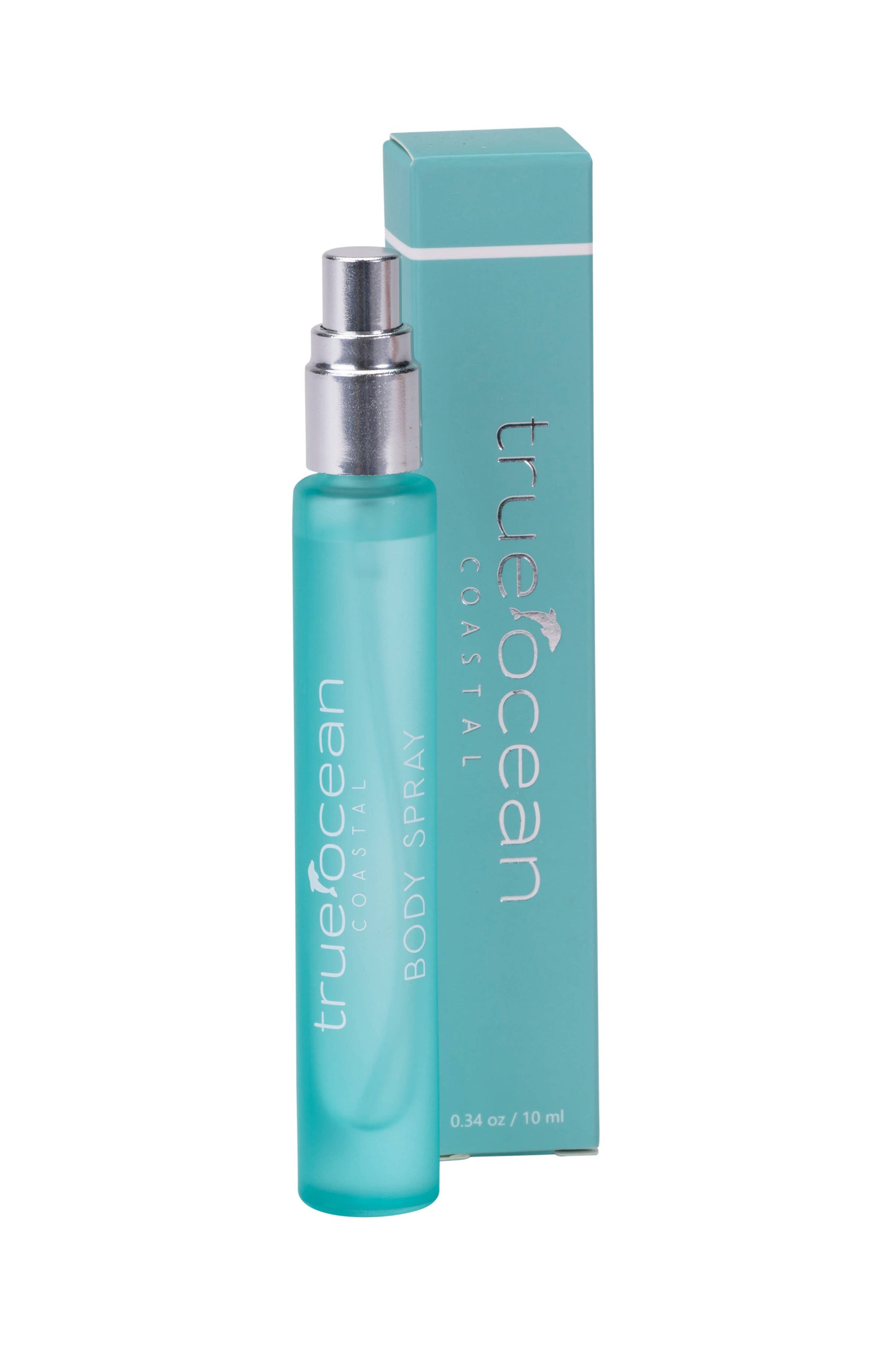 Turquoise plastic travel-size body spray (0.34 oz/10 ml) next to its matching labeled box, for on-the-go use.