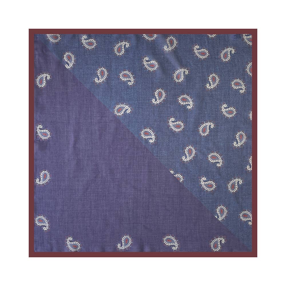 Bandana with half paisley pattern, half solid blue, burgundy border; cotton material, suitable for wear or accessories.
