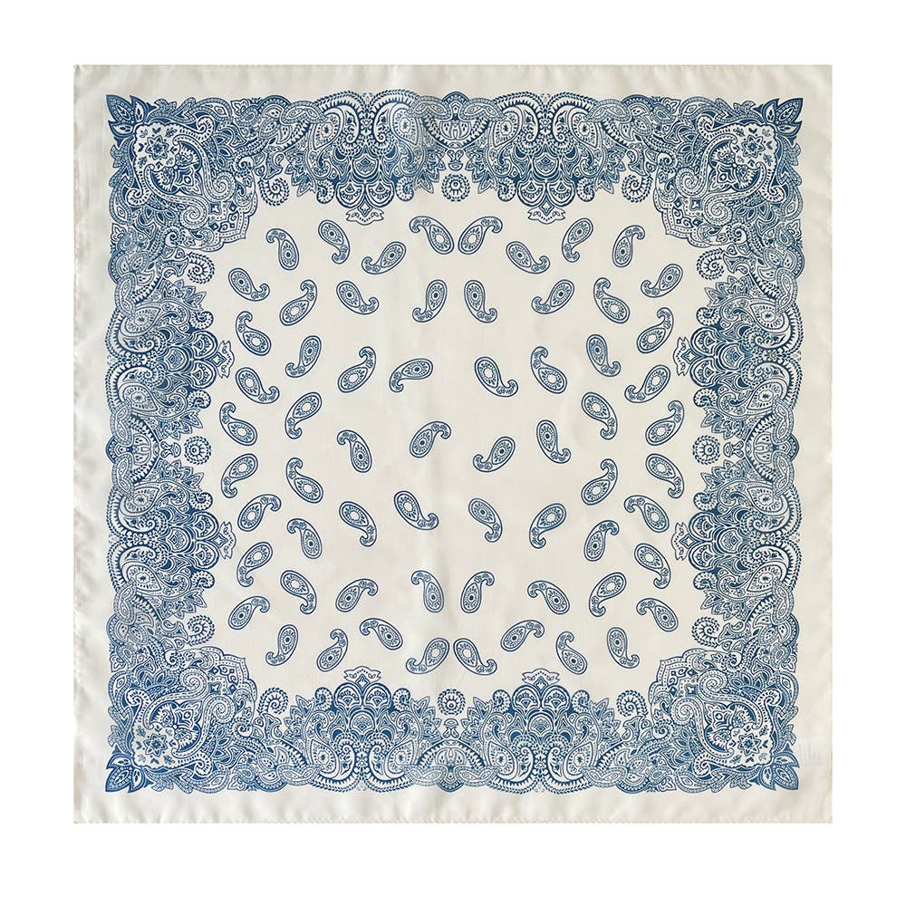 Blue and white cotton square bandana with paisley and floral patchwork patterns, suitable as a scarf or headwrap.
