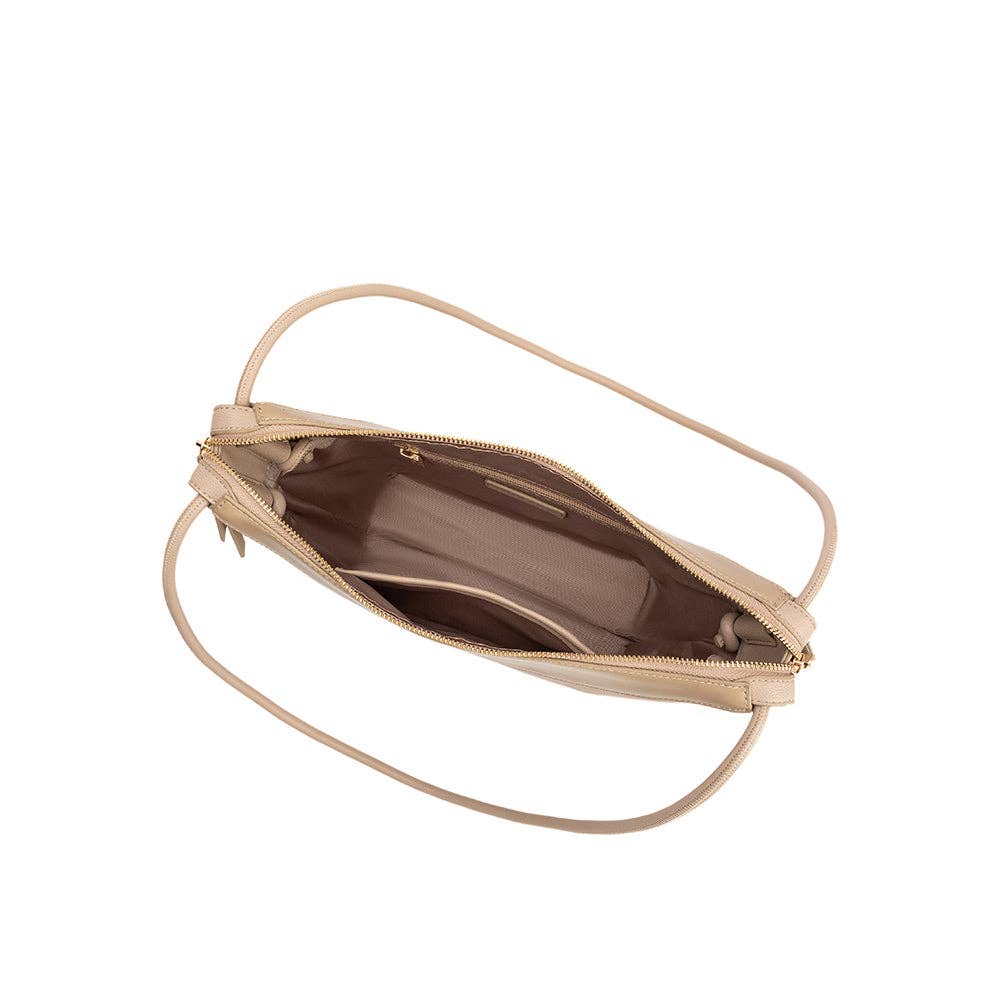 Top view of a mushroom-colored recycled vegan shoulder bag with an open zipper, inner pocket, and attached strap.