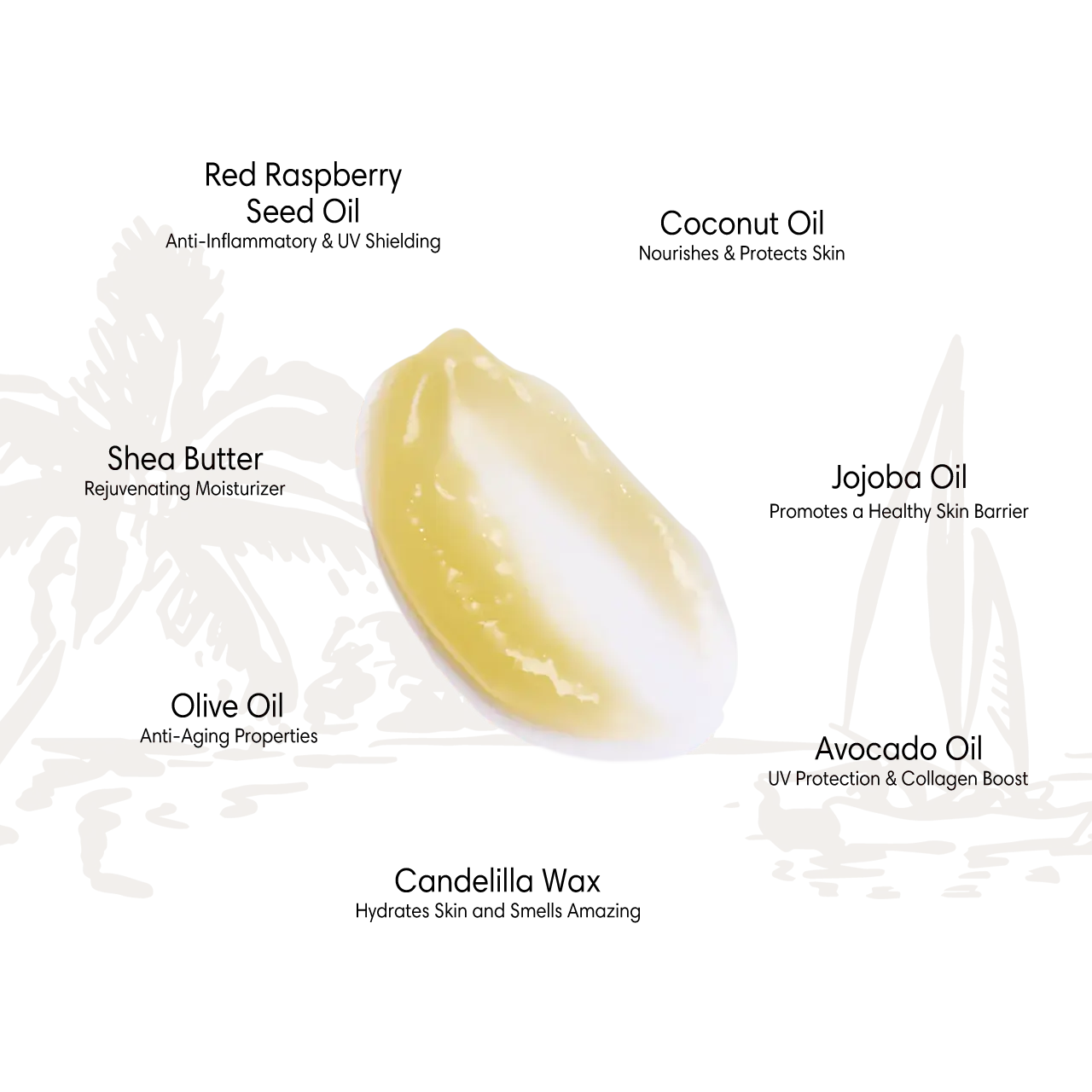Yellow-white tanning balm with oils, wax, butter, and UV-absorbing botanicals for sun tanning.
