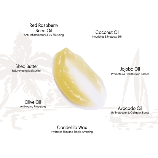 Yellow-white tanning balm with oils, wax, butter, and UV-absorbing botanicals for sun tanning.